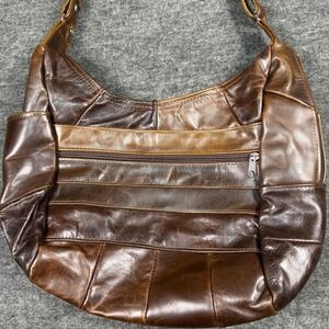 Genuine Leather Patchwork Hobo Bag Brown Multi Pocket Crossbody